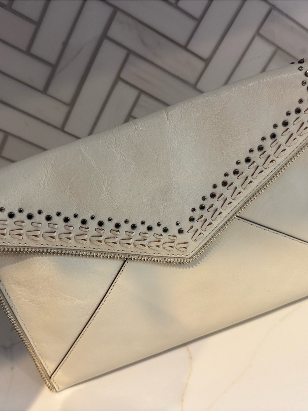Rebecca Minkoff Cream Envelope Clutch with Stud and Woven Trim